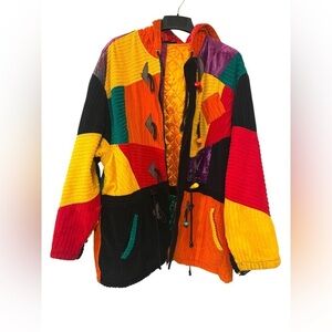 Rare Vintage Paco Reversible Corduroy Satin Coat Colorful Patchwork Hooded Sz 1